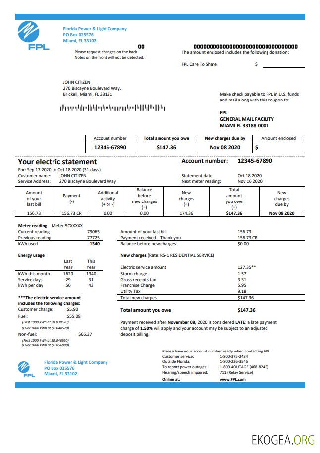 USA Florida Power & Light Company (FPL) electricity utility bill template in Word and PDF format
